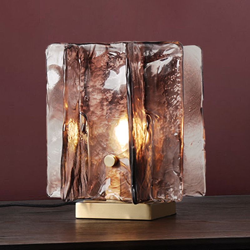 Modernist Shaded Task Lighting Brown Glass 1 Head Nightstand Lamp in Brass with Metal Base