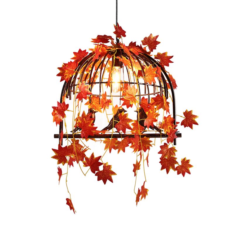 Red 1-Light Hanging Pendant Farm Style Metallic Birdcage Suspension Lamp with Fake Maple Leaf Deco