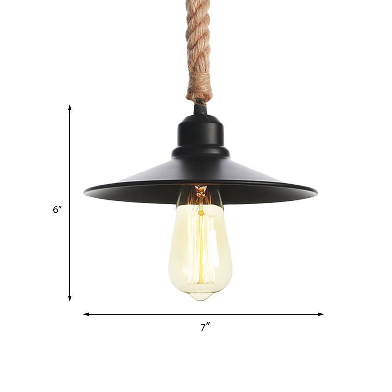 Metal Flat/Cone Pendant Lighting Industrial 7"/8.5" Width 1 Light Living Room Hanging Lamp in Black with Rope Cord