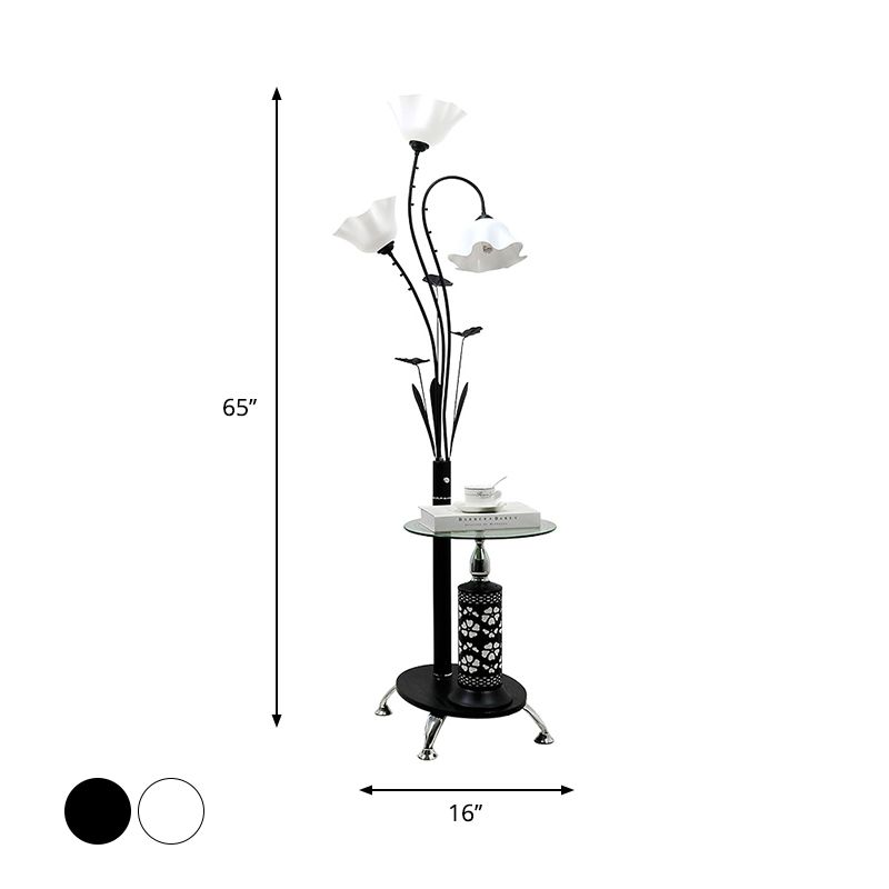 3-Light Metallic Floor Light Countryside Style Black/White Tree Design Guest Room Standing Up Lamp with Floral Shade