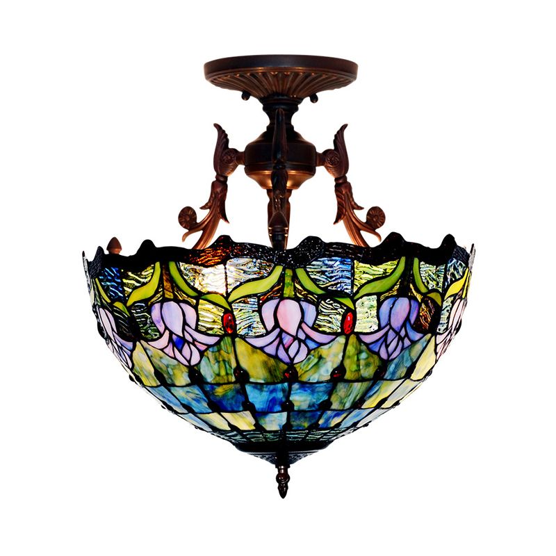 Stained Glass Semi Flush Mount Light Mediterranean 3 Lights Red/Blue Ceiling Lighting for Living Room