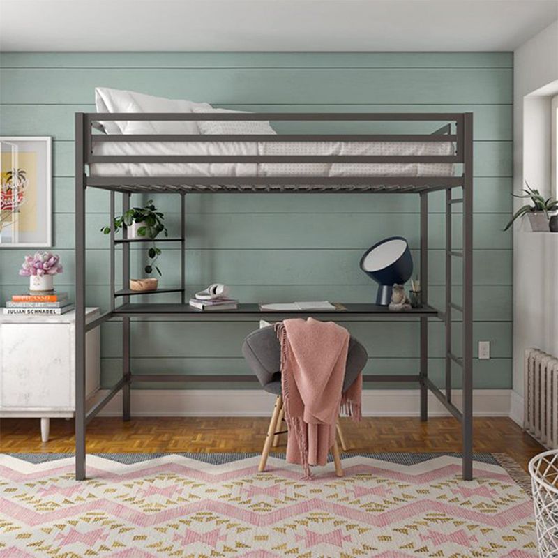 Modern High Loft Bed with Metal Guardrail and Built-In Ladder and Shelves