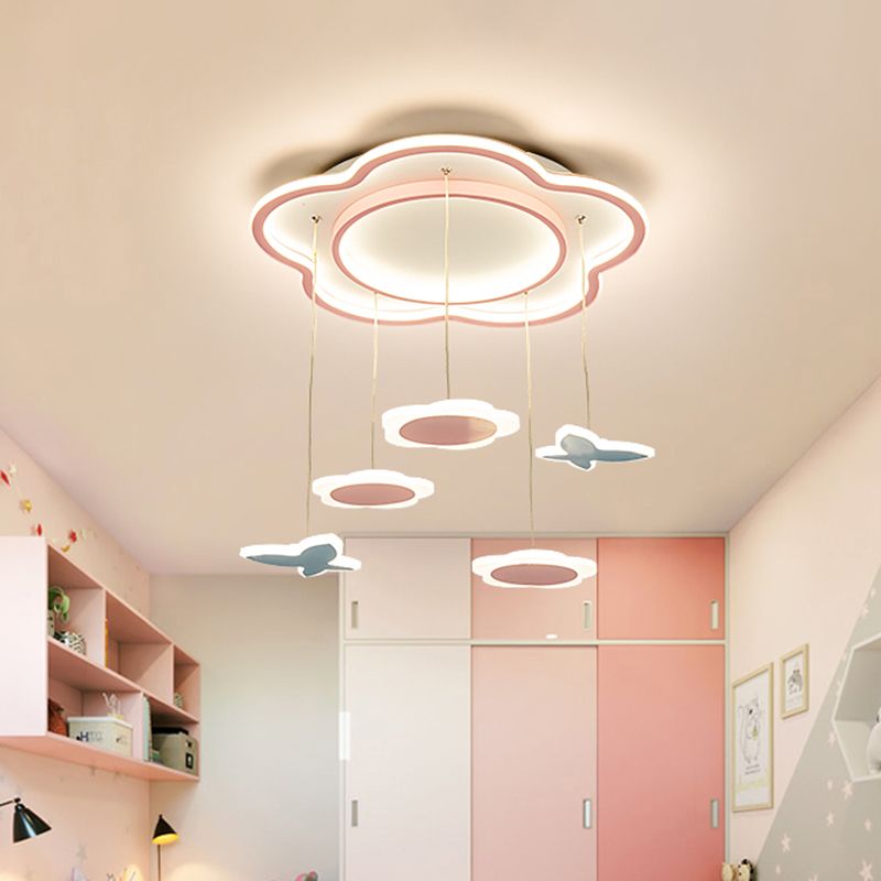 Flower forma metálica múltiple luz contemporánea 5 luces lámpara de péndulo de led rosa para habitación de niña