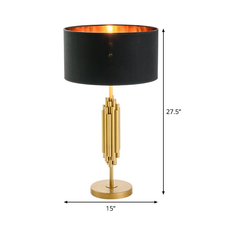 Contemporary Shaded Desk Light Fabric 1 Head Nightstand Lamp in Black with Gold Circular Metal Base