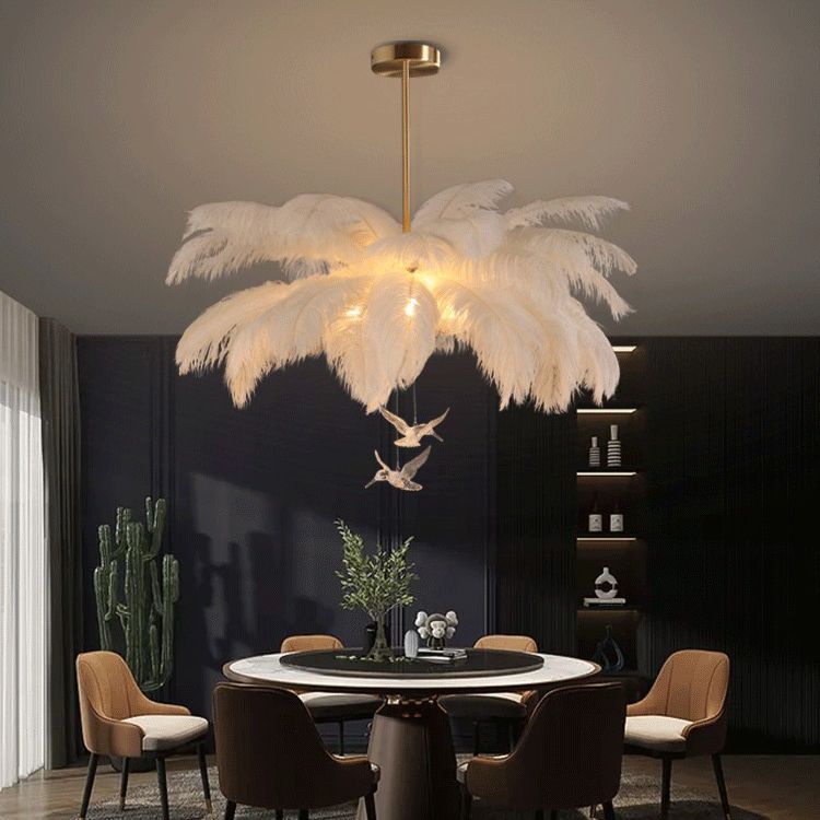 Ostrich Feather Ceiling Chandelier Modern Nordic Creative White Hanging Ceiling Light for Bedroom