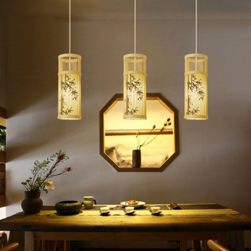 Chinoiserie Woven Hanging Light Fixture Bamboo Single Tea Room Ceiling Light with Print Lampshade