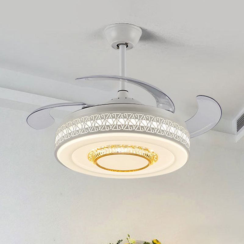 42" Width Modernism Circle Pendant Fan Lamp LED Acrylic Semi Flush Mount Ceiling Light in White with 4 Clear Blades, Remote/Wall Control