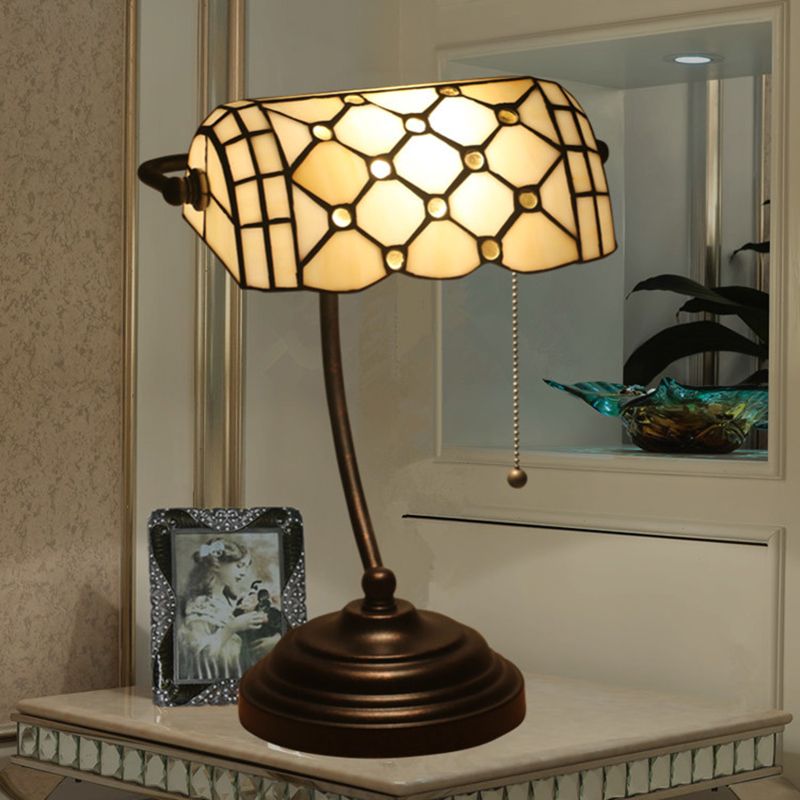 1 Head Task Lamp Tiffany Style Jeweled Beige Glass Pull Chain Night Table Lighting in Blue/Gold with Curved Arm