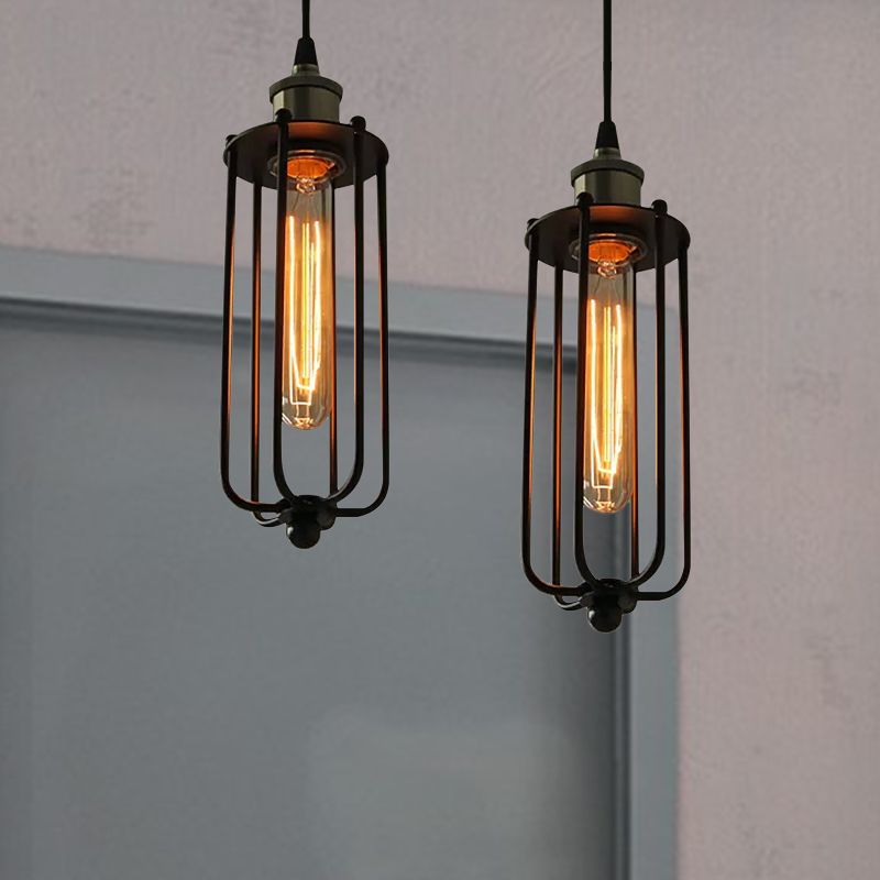 Metallic Matte Black Pendant Lamp Cylinder Cage Shade 1 Light Vintage Style Hanging Fixture