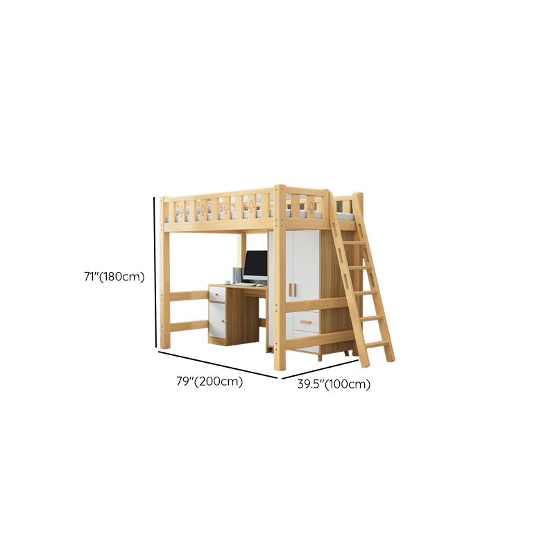 Solid Wood Loft Bed Brown Kids Bed with Built-In Ladder and Guardrail