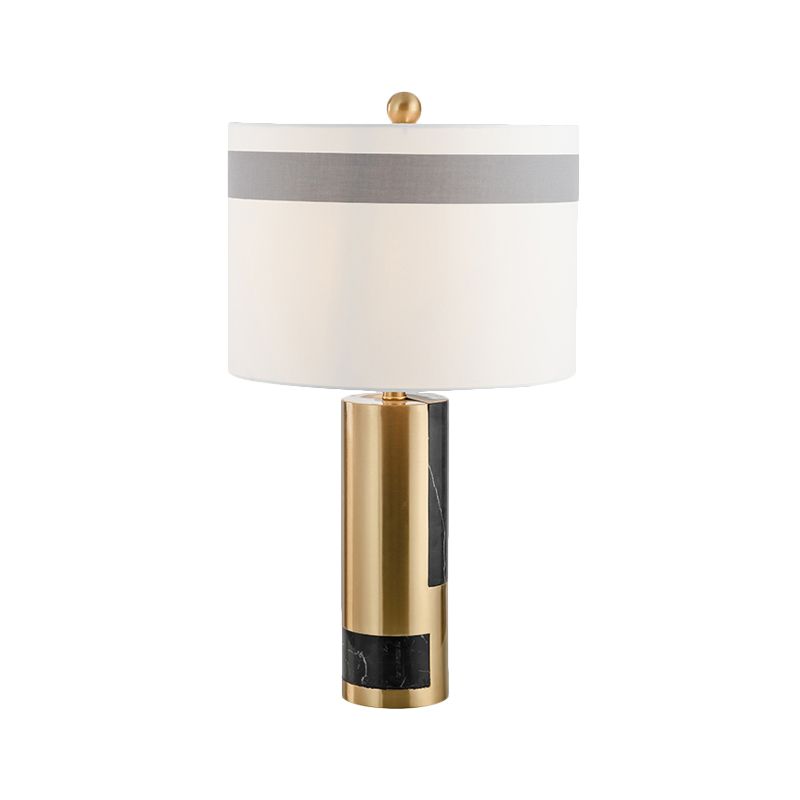 Contemporary 1-Head Table Lamp White Drum Metal Night Lighting with Fabric Shade for Bedroom