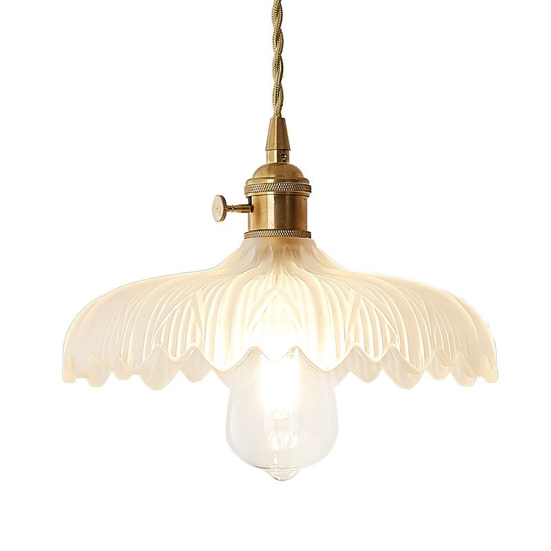 Brass Scalloped Pendant Ceiling Light Farmhouse Frosted Glass 1 Light Living Room Hanging Lamp