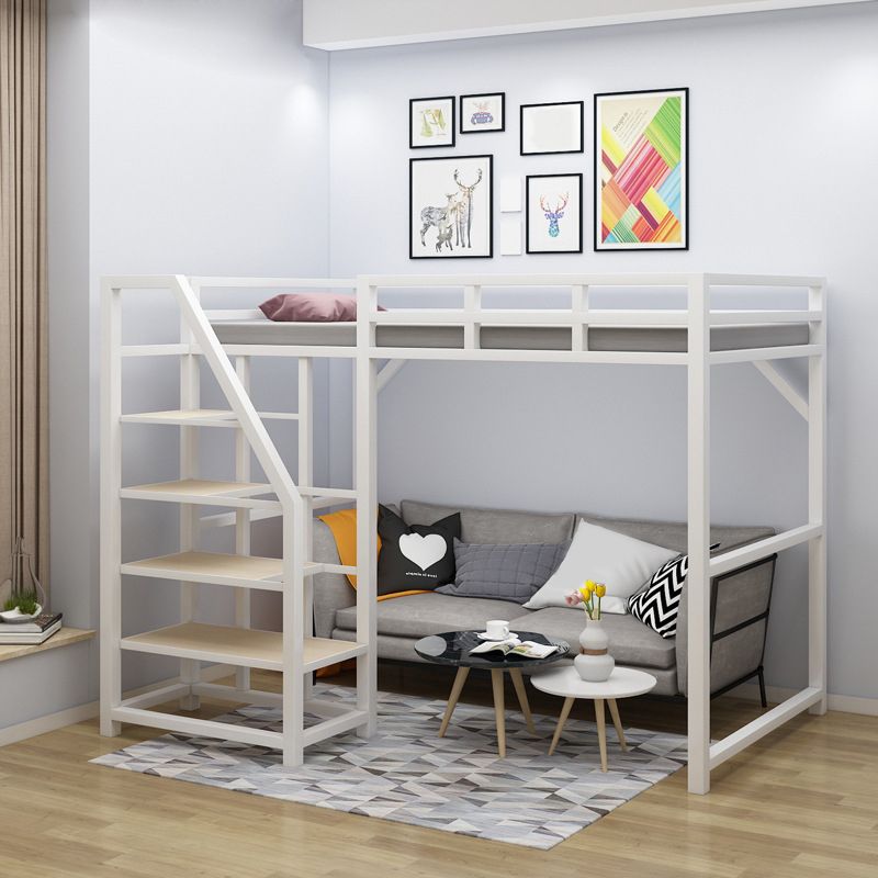 Iron High Loft Bed Contemporary Black and White Finish Bed Frame with Guardrail