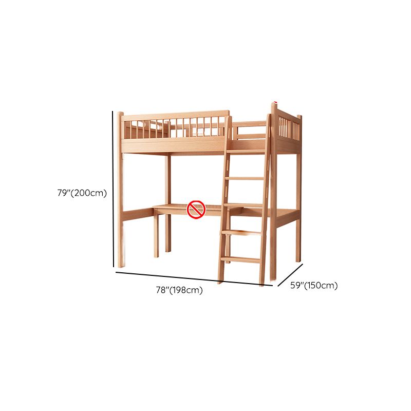 Contemporary Natural Loft Bed with Guardrail and Mattress in Solid Wood