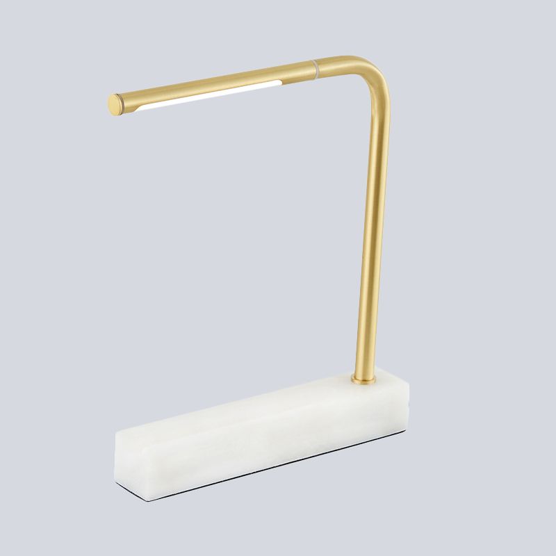 Right Angled Linear Study Room Table Lamp Metal LED Nordic Night Light in Brass with Rectangle Marble Base