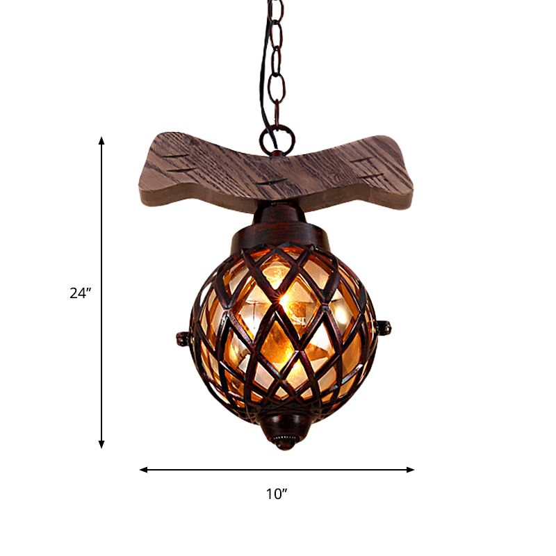 Amber Glass Ball Pendant Lamp with Wooden Base 1 Light Country Ceiling Hanging Light in Copper