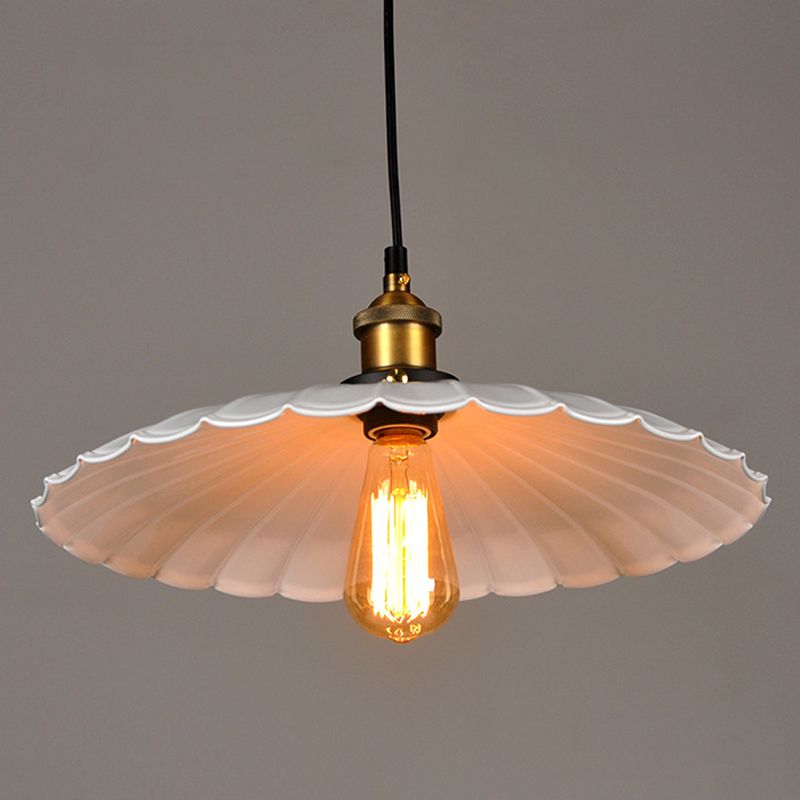 White Single Ceiling Light Industrial Metallic Scalloped Umbrella Hanging Pendant Light