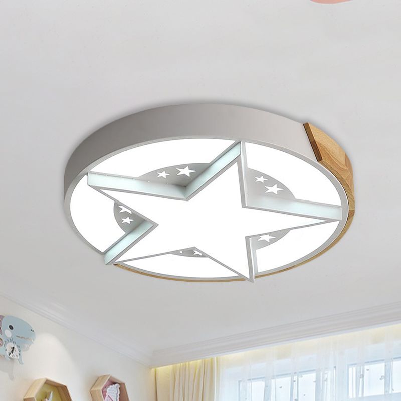 Star Bedroom Flush Ceiling Light with Round Design Metal LED Macaron Flush Mount in White / Pink / Blue and Wood