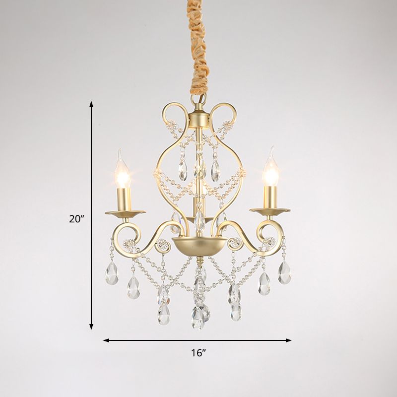 French Country Candle Hanging Chandelier Light Metal 3/6/8 Lights Pendant Lamp with Crystal Bead in Gold