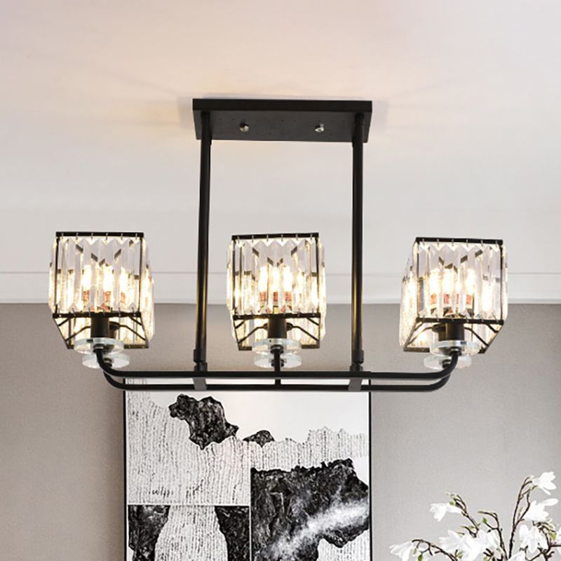 Cubic Shade Chandelier Light Vintage Prismatic Crystal 6/8 Lights Black Hanging Light for Living Room