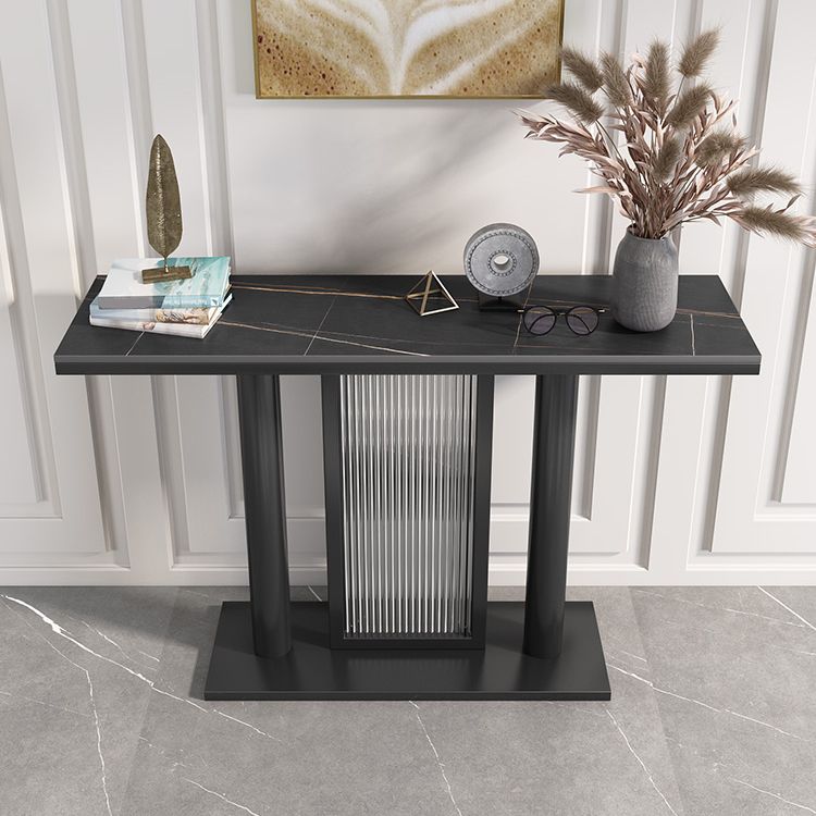 Rectangle Stone Top Accent Table with Pedestal Base for Hall