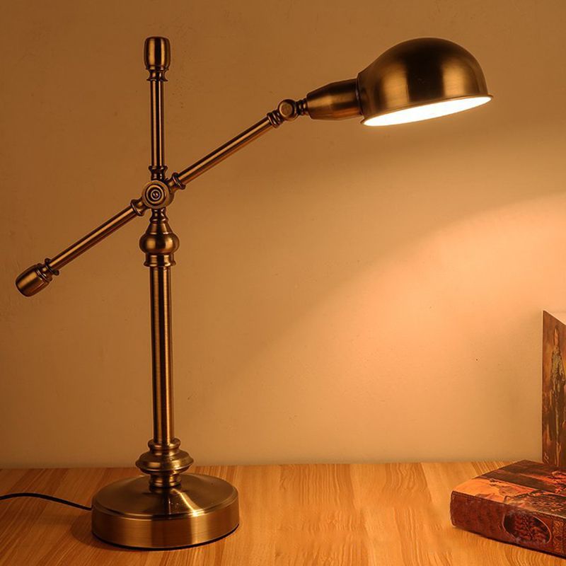 LED Desk Light Countryside Dome Metal Table Lamp in Gold with Rotatable Crossing Arm