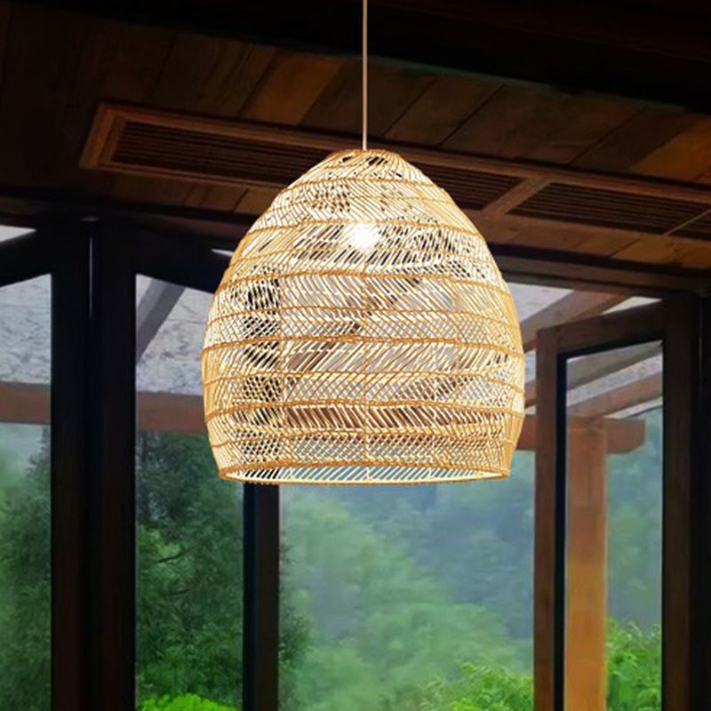 Single-Bulb Restaurant Hanging Lamp Minimalist Ceiling Light with Cloche Rattan Shade