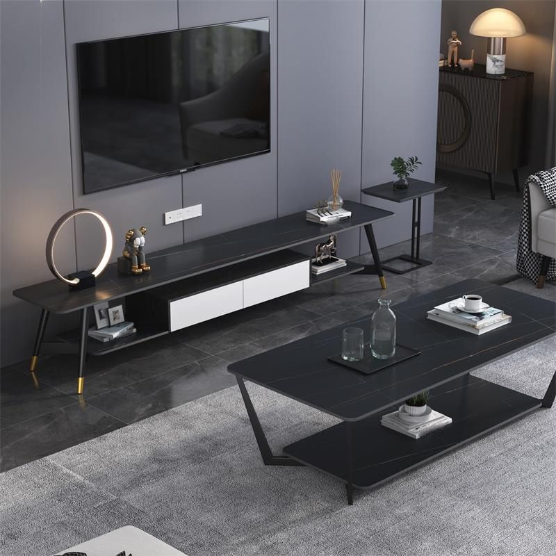 Modern Style Stone TV Stand Black and White Open Storage TV Cabinet