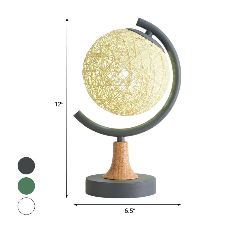 Metallic Globe Nightstand Light Asia Style 1 Light Table Lamp in White/Grey/Green with Rattan Shade