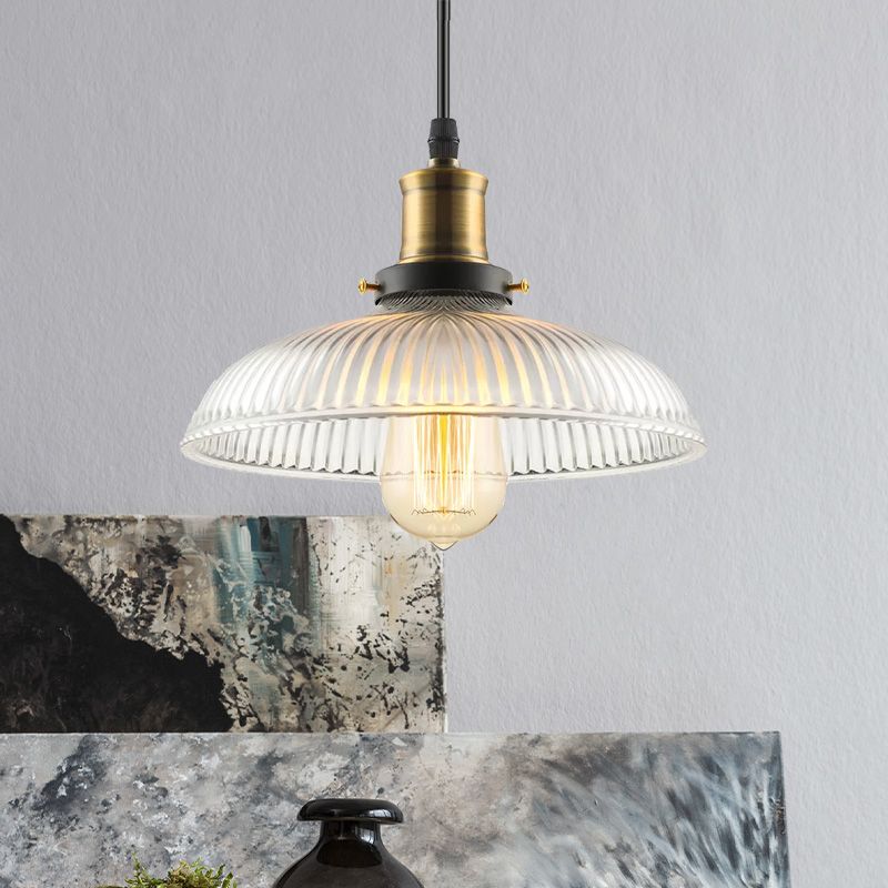 1-Light Ceiling Pendant Light Industrial Dome-Shaped Ribbed Glass Hanging Lamp for Coffee Shop in Brass