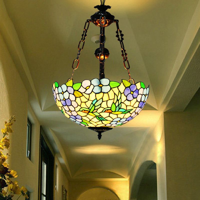 Flower Stained Glass Chandelier Pendant Light Mediterranean 3 Lights Weathered Copper Suspension Lamp