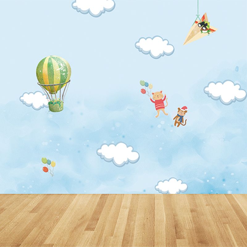 Blue Cartoon Wall Mural Whole Sky with Hot Air Balloon Drawing Wall Covering for Accent Wall