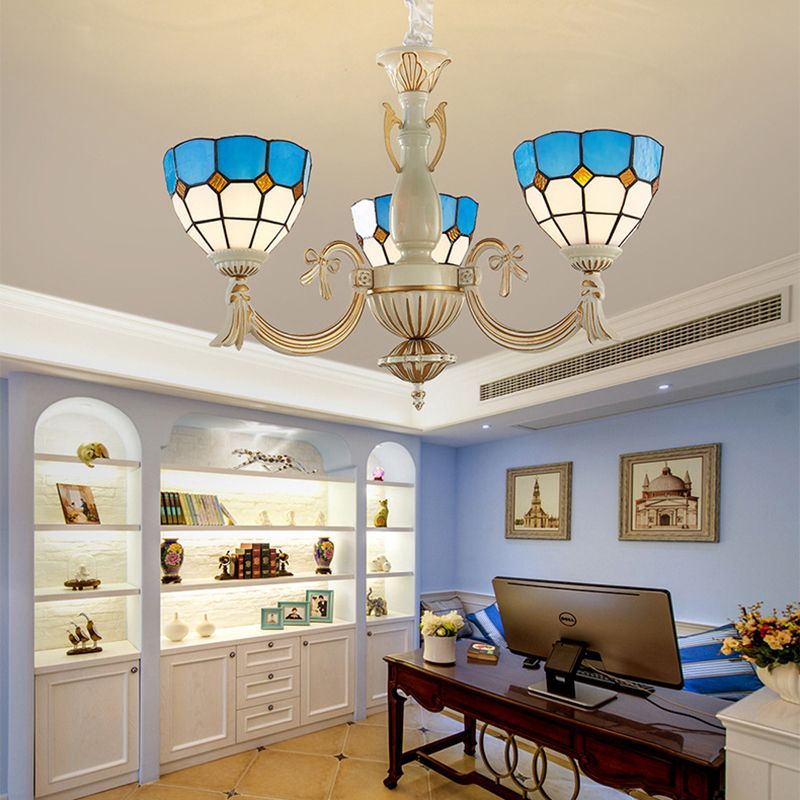 Baroque Bowl Ceiling Hanging Light with Curved Arm 3 Lights Stained Glass Chandelier in Blue