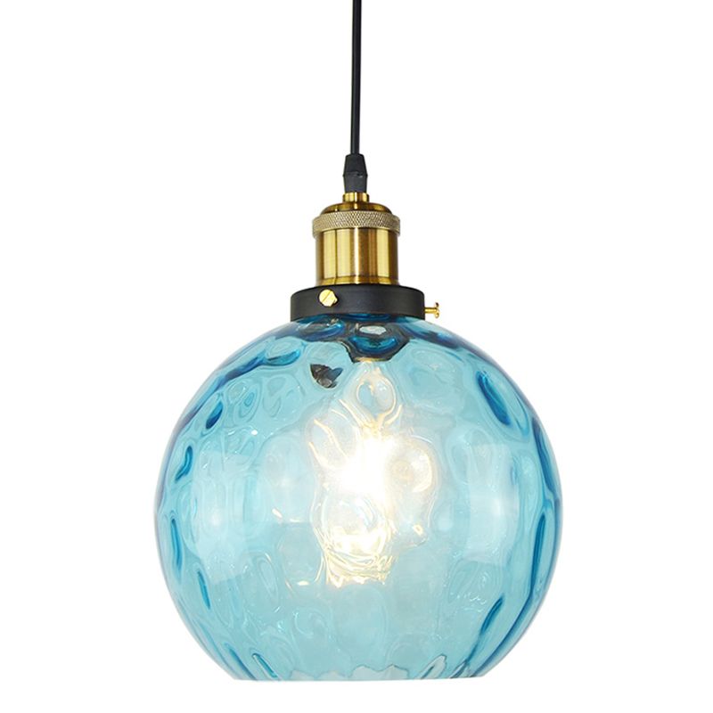 Blue 1 Light Spherical Pendant Lamp Vintage Industrial Ripple Glass Hanging Lamp for Living Room