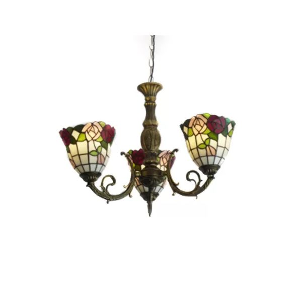 Tiffany Style Chandelier Living Room Lamp, 3 Lights Art Glass Pendant Lighting in Aged Brass with Bell Shade