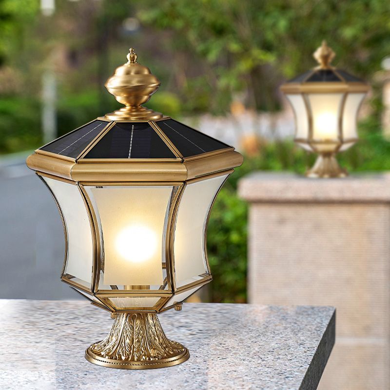 Metal Drum Shape Outdoor Lights Modern Style 1 Light Solar Pillar Lamp in Brass