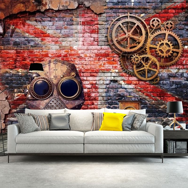 Cool Gear and Brick Murals Wallpaper for Bedroom, Grey and Red, Custom Size Available