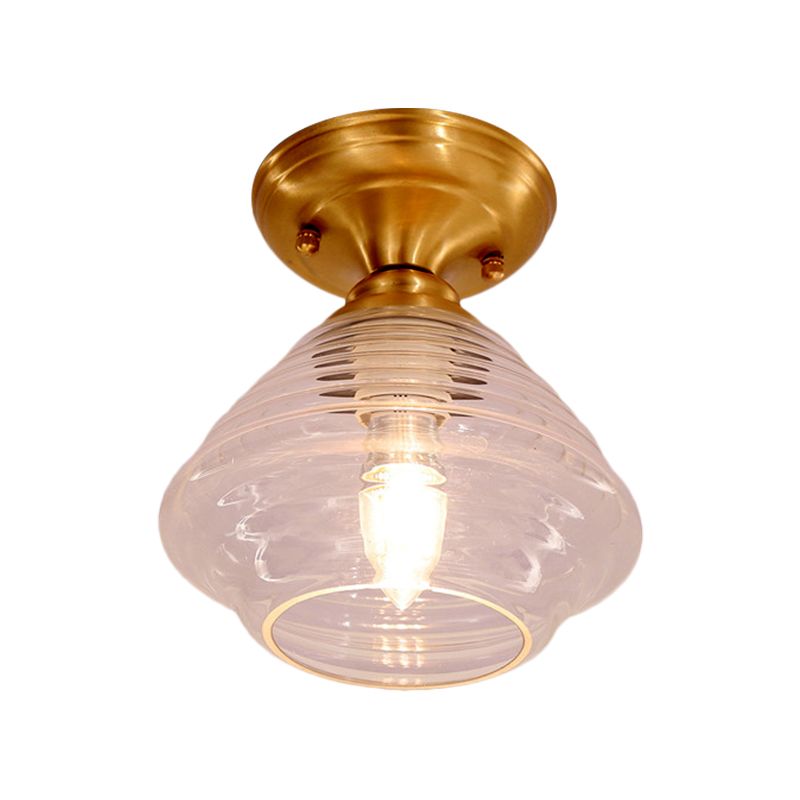 Clear Prismatic Glass Dome/Cone/Barn Ceiling Lighting Colonial 1 Head Porch Flush Mount Light Fixture in Brass, 6"/7.5"/11" W