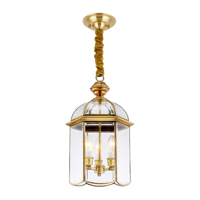 Colonial Lantern Hanging Pendant 3 Heads Clear Glass Chandelier Lighting Fixture for Hallway