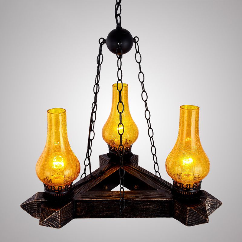 3 Lights Amber Crackle Glass Ceiling Chandelier Retro Dark Wood Vase Restaurant Suspension Light