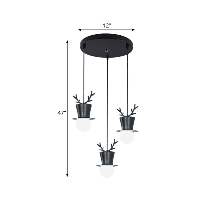 Black Tall Hat Cluster Pendant Nordic Style 3 Bulbs Iron Hanging Ceiling Light with Antler Decor, Round/Linear Canopy