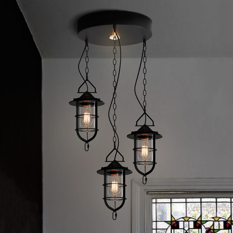 Caged Clear Glass Multi Pendant Vintage 3-Light Living Room Hanging Light Fixture in Black with Round Canopy