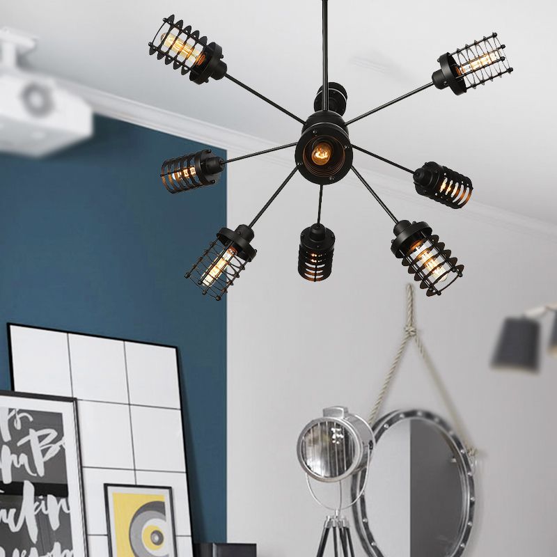 Starburst Bedroom Chandelier Light Metal 9/12/15 Heads Vintage Hanging Lighting with Cylinder Frame Shade in Black