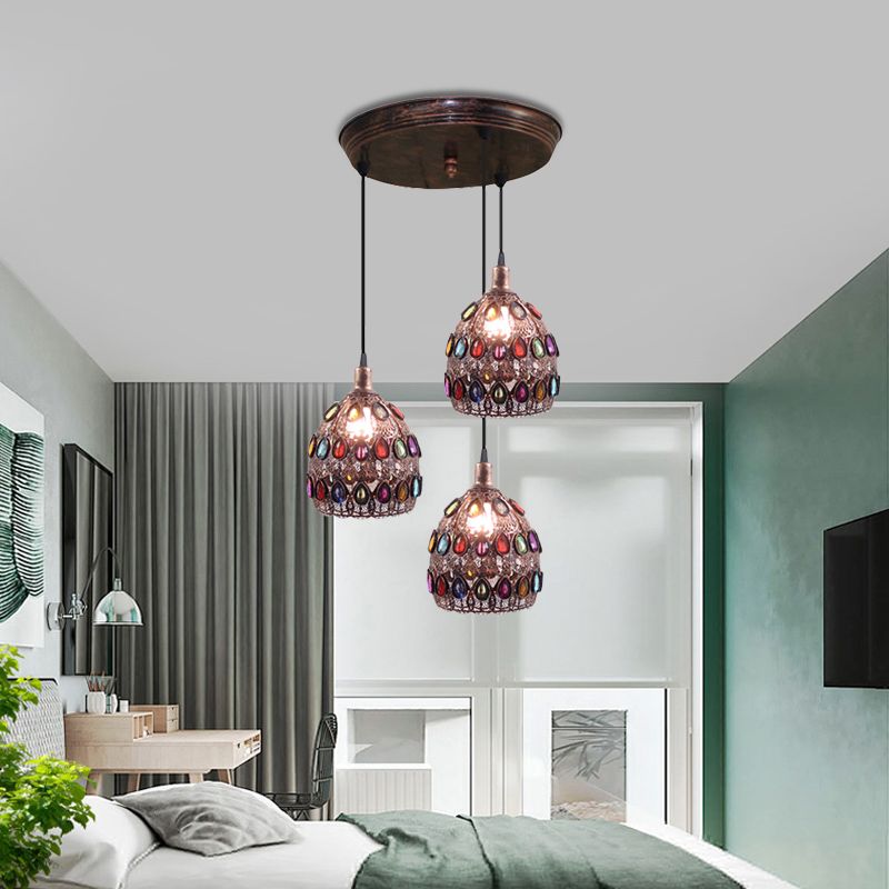 Rust 3 Bulbs Multi Light Pendant Traditional Metal Dome Suspension Lamp with Round/Linear Canopy for Bedroom