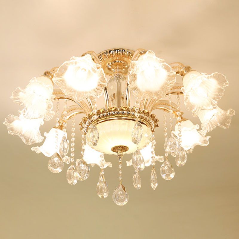 Blossom Pendant Lamp Modern Style Frosted Glass Corridor Chandelier Light with Crystal Ball in Gold