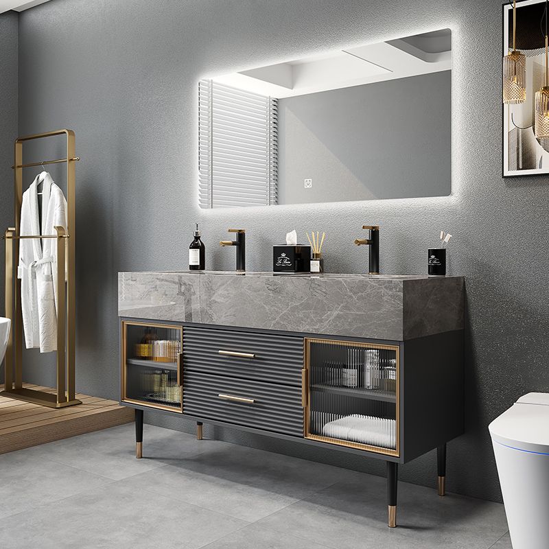 Single Sink Vanity Set Stone Top Mirror Freestanding Drawers Grey Bathroom Vanity