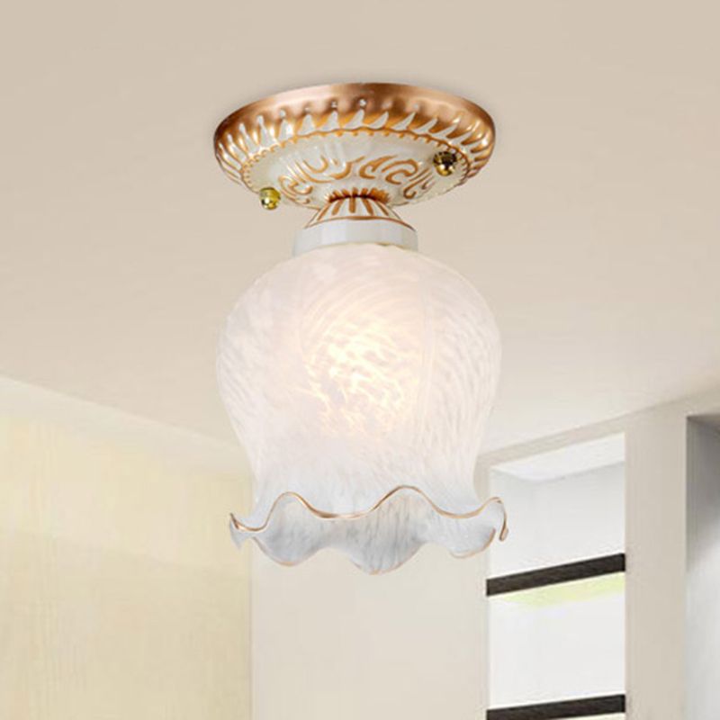 1 Bulb Flush Mount Light Retro Flower Shade White Frosted Glass Semi Flush Ceiling Light