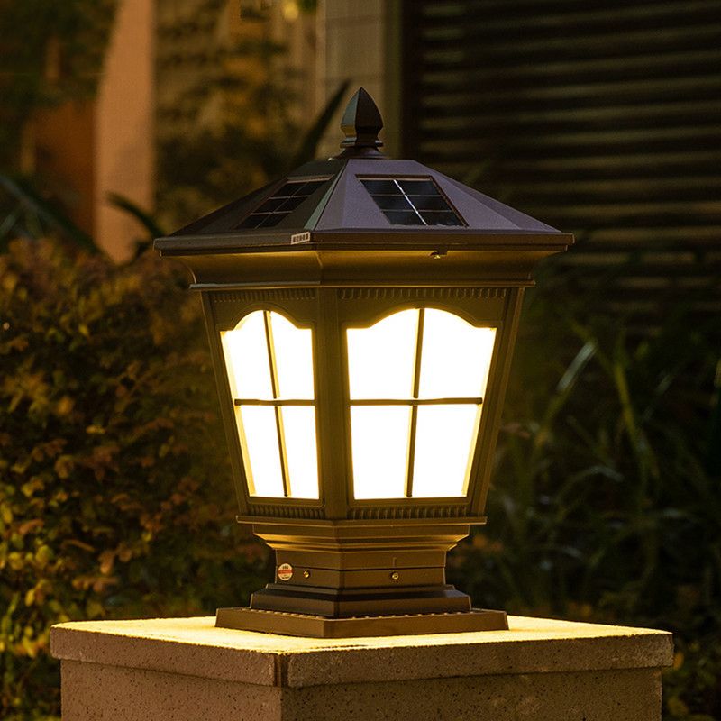 Square Shape Metal Pillar Lamp Modern Style 1 Light Solar Outdoor Light