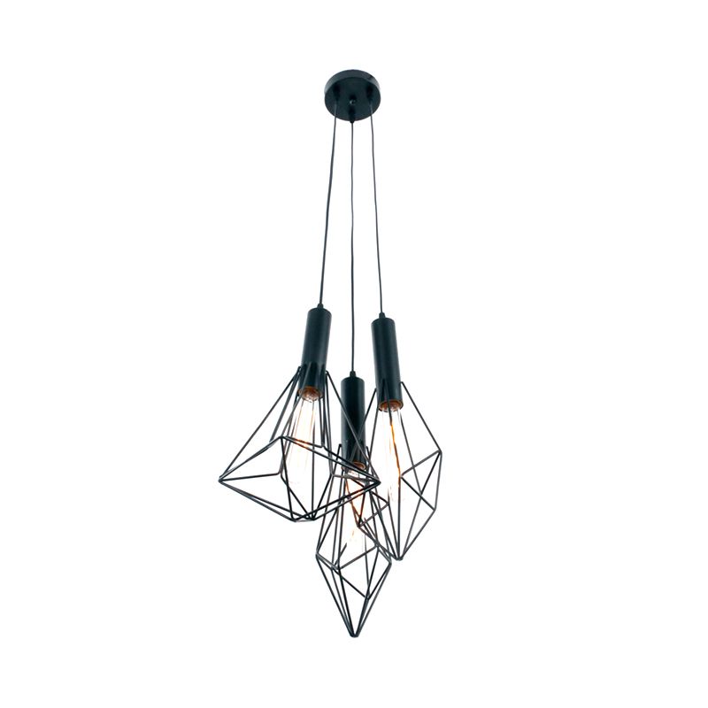 Abstract Cage Cafe Ciondolo a sospensione Light Iron Iron 3 Luci Luce del soffitto industriale in nero