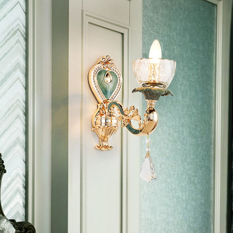 Blue and Gold Single Sconce Light Fixture Traditional Crystal Curved Arm Wall Lighting Idea